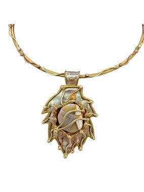 Brutalist Mixed Metal  Brass Collar Necklace Banded Agate Stone Pendant Abstract